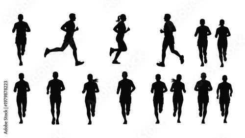 A collection of silhouetted figures depicting people running and walking in various dynamic poses against a white background high quality professional