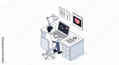 Isometric Medical Doctor Working on Laptop with ECG Heart Rate Monitor - Digital Healthcare and Telemedicine Illustration