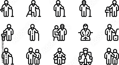 Set of line icons depicting healthcare workers assisting patients  medical support
