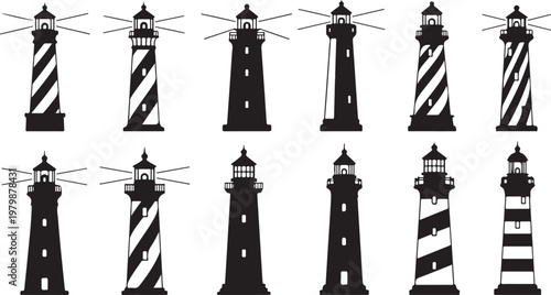 Collection of various lighthouse silhouettes and striped patterns illustration