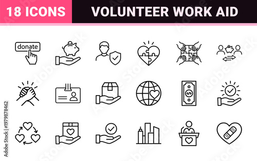 Charity and donation minimalist line icon set for non-profit and volunteering.