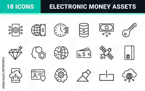 Digital money line icon set for fintech and banking