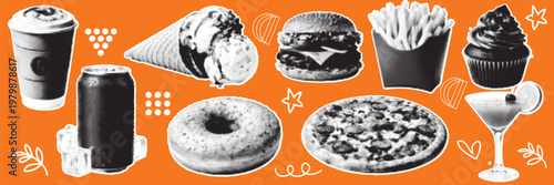 halftone, pop art, dot fast food collection with coffee burger pizza fries donut drink dessert isolated design, vector illustration