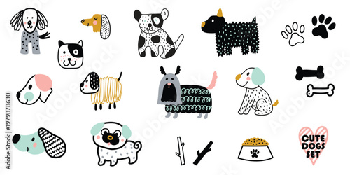 Cute dogs doodle vector set. Funny pet animals isolated on transparent background.