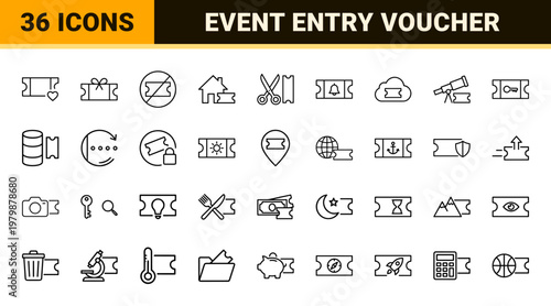 Event entry ticket and discount coupon outline icons
