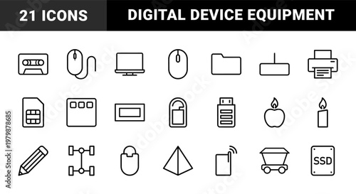 Computer hardware and electronics line icons set