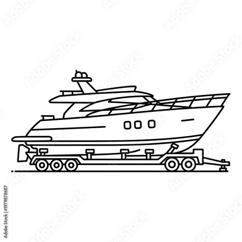 A line art illustration depicting a large yacht being transported on a heavy-duty multi-axle trailer, ready for overland travel.