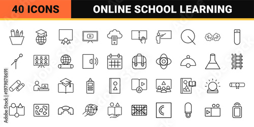 Online education and e-learning minimalist line icon set