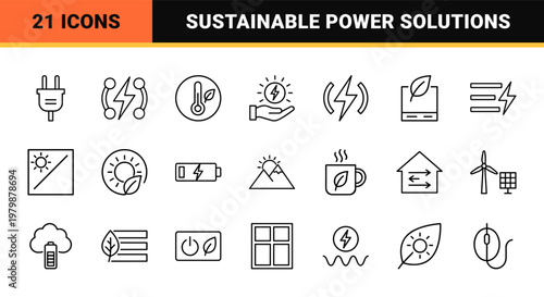 Minimalist energy saving and green power line icon set for sustainability projects.