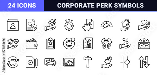 Professional employee benefits and corporate compensation outline icon set
