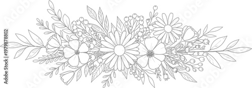 A beautiful floral arrangement of flowers and leaves on a white background