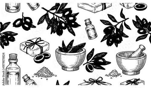 Jojoba Spa Seamless Pattern Essential Oil Soap Botanical Vector