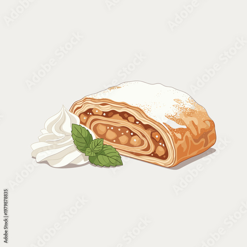 A delicious slice of apple strudel dusted with powdered sugar, served with a dollop of whipped cream and a fresh mint leaf.
