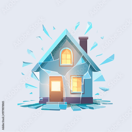 A shattered house illustration symbolizing damage, disaster, and the need for repair or rebuilding