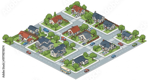 Suburban Neighborhood Aerial View with Houses Streets and Cars.
