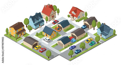 Suburban Neighborhood Houses Street Cars Trees Isometric View.