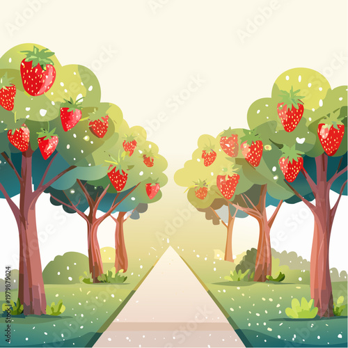 A pathway through a lush garden lined with fruit trees bearing ripe strawberries