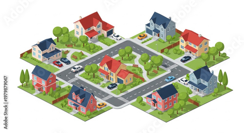 Suburban Neighborhood Houses Street Cars Trees Isometric View.