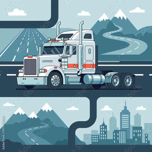 Vector illustration of a white semi-truck on a road, with a highway, mountains, and a cityscape in the background, depicting long-haul transport.