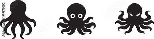 Octopus black silhouette icon with detailed tentacles, clean vector isolated design.