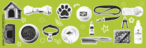 halftone, pop art, dot pet accessory collection with leash collar, bowl toy, shampoo house care item design, vector illustration