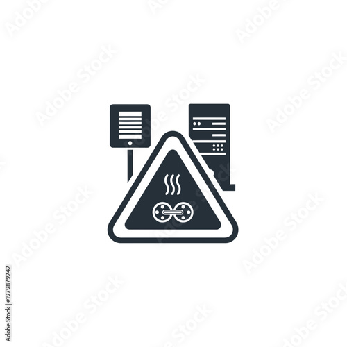Server overheating warning sign icon with data center equipment. EPS Editable. Vector Illustrations.