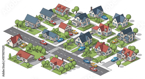 Suburban Neighborhood Houses Street Cars Trees Isometric View.