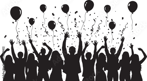 Silhouette of people celebrating with balloons and confetti in air