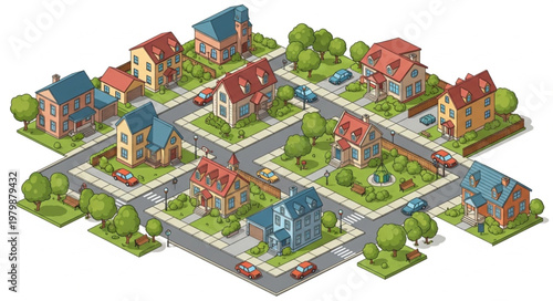 Suburban Neighborhood Houses Street Cars Trees Isometric View.