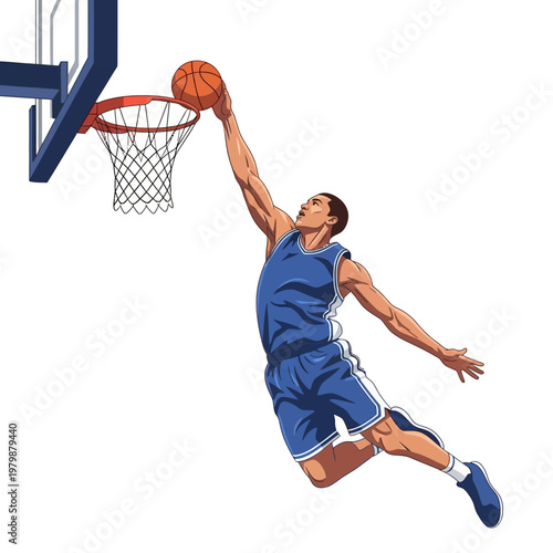 Athletic basketball player performing a powerful slam dunk with a ball, isolated on white