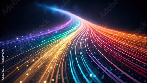 Colorful light trails curve along a dark background, creating a dynamic and vibrant flowing pattern.