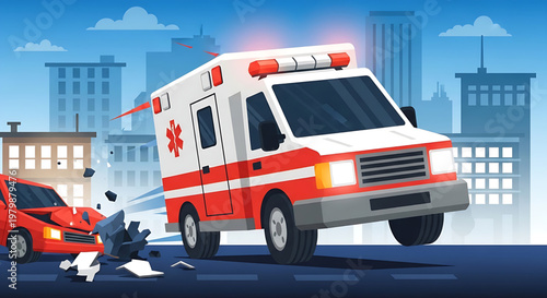 Ambulance rushing to a car accident scene on a city street with debris