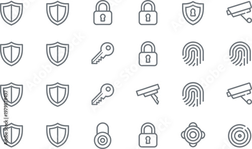 Collection of line icons representing digital security and safety protocols for modern business protection systems