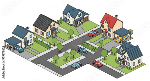 Suburban Neighborhood Houses Street Cars Trees Isometric View.