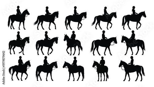 A collection of fifteen silhouetted horse riders on horseback showcasing various poses and horse breeds high quality professional detailed modern elegant