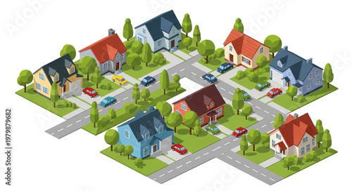 Suburban Neighborhood Houses Street Cars Trees Isometric View.