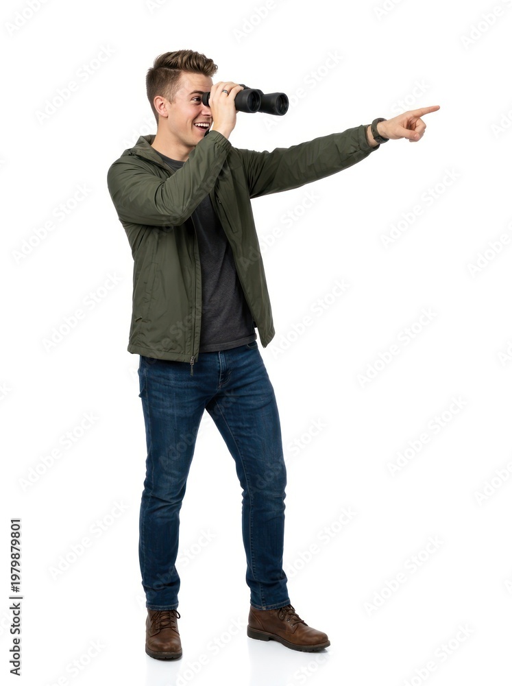 Naklejka premium Young man looking through binoculars and pointing excitedly.
