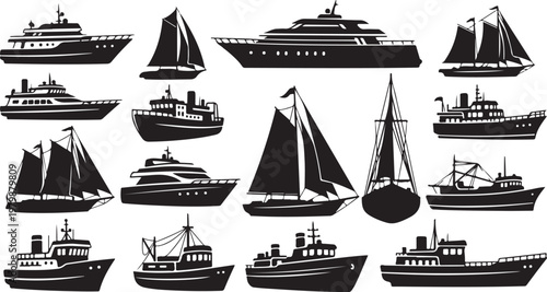 Collection of various sailboats and ships in black silhouette style