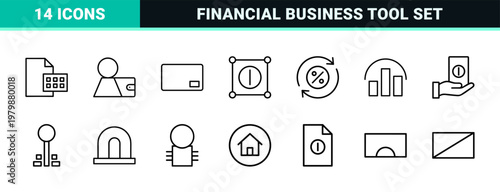 Financial and banking minimalist outline icon set for business