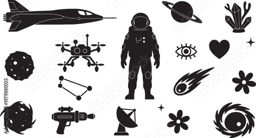 Black silhouettes of space and astronomy icons and symbols