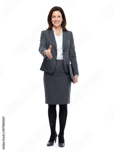 Smiling business professional presenting with confidence.