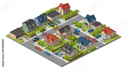 Suburban Neighborhood Houses Streets Cars Trees Isometric View.