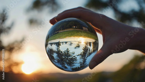 Hand holding crystal glass sphere reflecting sunset landscape with trees and nature upside down, perspective, creativity, nature, photography, imagination, inspiration, and beauty of natural worlds.