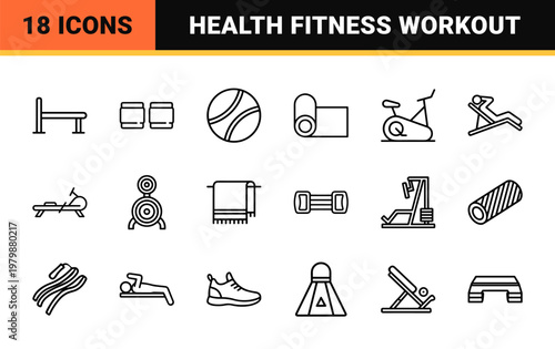 Fitness and gym exercise minimalist line icon set