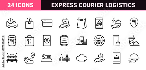 Food delivery service and courier logistics line icon set