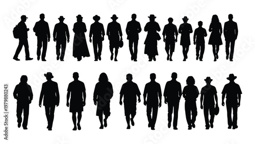 A collection of black silhouettes depicting a diverse group of people walking in various poses and attire high quality professional detailed