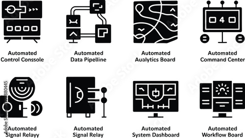 A collection of black silhouette icons representing modern industrial automation and technical system control processes