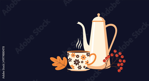 Cozy autumn coffee scene with a steaming patterned cup a coffee pot fall leaf and berries on a dark background.