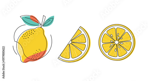 Modern set of three stylized lemon fruit illustrations including a whole lemon a wedge and a circular slice.