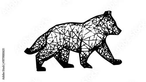 Minimalist bear logos, geometric walking grizzly silhouette and wireframe mesh animal icon, vector wild bear symbol isolated on white